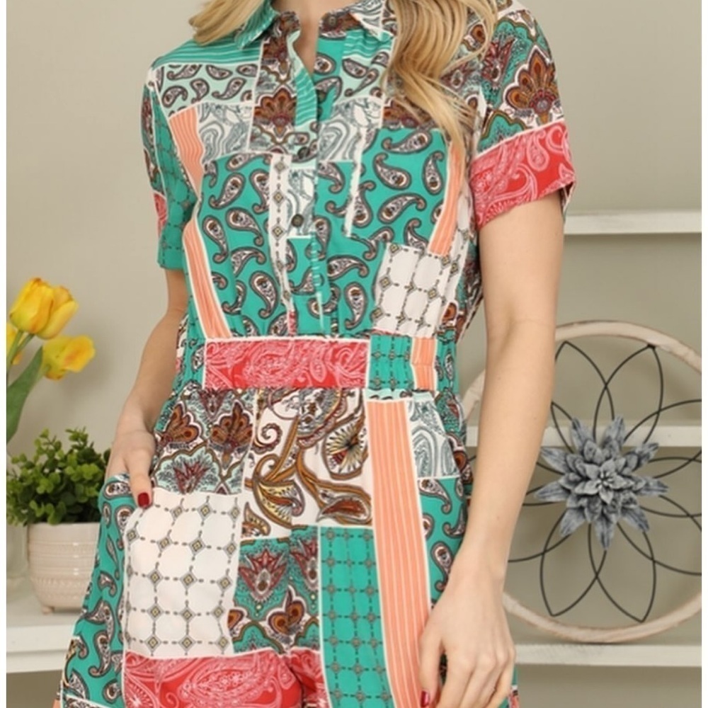 Ces Femme patchwork paisley green short sleeve button closure shorts romper